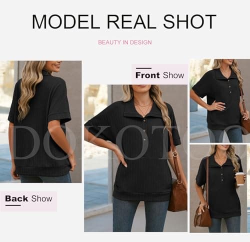Dokotoo Womens Tops Dressy Casual Button Down Short Sleeve Shirts for Women Trendy Outfits Oversized Shirt Spring Summer Tops for Womens Blouses Ladies Tunics Tops Loose Fit Fashion Clothes Black L - Thumbnail 5