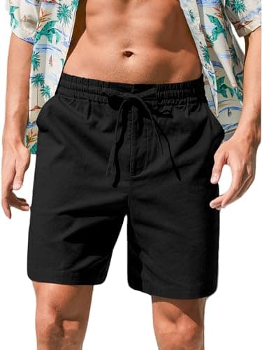 RQP Mens Cotton Linen Short Drawstring Button Stretch Vacation Shorts,Black - Image 1