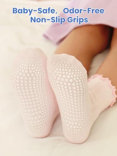 ALLOVIN 6 Pairs Non-Slip Ruffle Socks for Baby & Toddler Girls – Soft Cotton Grip Socks | Pure White/Off-White/Pink | 1-3 Years - Thumbnail 4