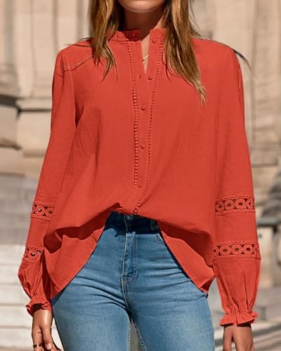KIRUNDO Going Out Tops for Women 2026 Spring Fashion Boho Cotton Eyelet Long Sleeve Button Up Shirt Lace Dressy Casual Blouse(Orange, Large) - Thumbnail 5