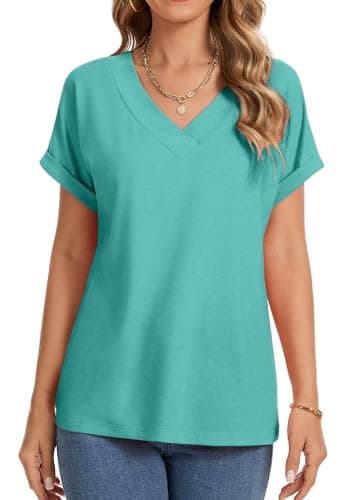 Dimur Womens V Neck T Shirts Fashion Clothing Short Rolled Sleeve V Neck Cute Tops Business Casual Shirts Tunic Tops Cyan XX-Large - Thumbnail 2