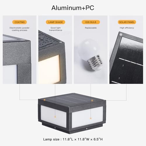MVBT Large Solar Post Lights Outdoor, Square Solar Pillar Lights 12x12, Solar Power Column Light Waterproof, Modern Post Lamps Outdoor, Dusk to Dawn Lantern Column Lamp for Driveway Entrance Pillars - Thumbnail 2