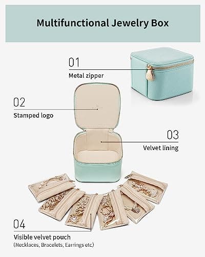 Vlando Travel Jewelry Box,Jewelry Travel Case with 6 Velvet Jewelry Zipper Pockets Travel Jewelry Organizer for Ring Bracelet Christmas Wedding Birthday Gifts for Wife Daughter Lake Blue - Thumbnail 4