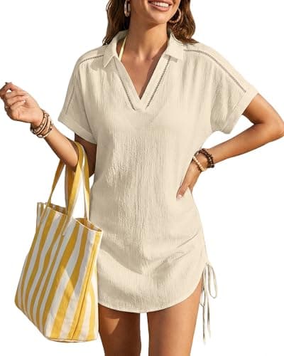 Bsubseach Womens Swimsuit Cover Up Shirt Short Sleeve Bathing Suit Coverups V Neck Bikini Coverup Drawstring Beach Dress Apricot L - Image 1