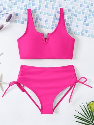 AMAWMW Teen Girls Bathing Suit Bikini Set V-Neck Cutout Swimsuit Two Piece Swimwear for Kids 7-16Y, Hot Pink, 9-10 Years - Thumbnail 5