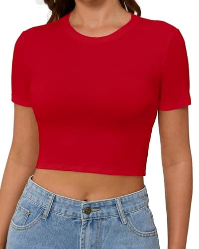 Abardsion Women's Baby Tees Slim Fit Crew Neck Short Sleeve Crop Tops - Basic Y2K T Shirts for Summer Daily Wear & Workout Bright Red Large - Image 1
