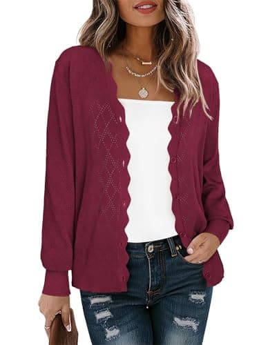LILBETTER Women's Long Sleeve Button Down V-Neck Cardigan Knit Shrugs Sweater 2025(Wine Red Large) - Image 1