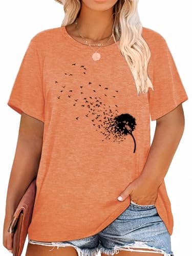 Anbech Plus Size Dandelion Graphic Tees Wildflower Print Short Sleeve Casual T-Shirts (Orange, 3X)