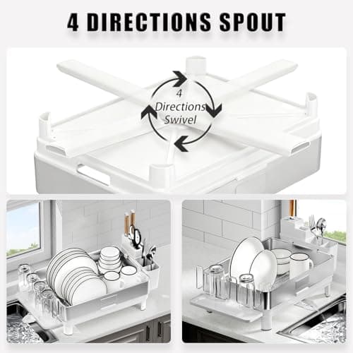 Ewaiira Dish Drying Rack, 304 Stainless Steel Dish Racks for Kitchen Counter, Dish Drainers with Automatic Drainage, Utensil Holder & Cups Holder, Space Saving Kitchen Organizer, White - Thumbnail 4