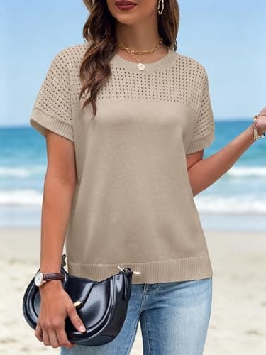 Womens Spring Crochet Knit Tops Lightweight Summer Short Sleeve Sweater Cap Sleeve T Shirts Blouses Khaki, S - Thumbnail 6