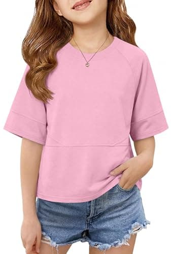 Humordream Girls Shirts Kids Raglan Short Sleeve T Shirts Summer Crewneck Oversized Crop Top Basic Tees 5-14Y Pink - Image 1