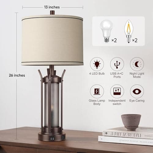 QiMH Farmhouse Table Lamps Set of 2 for Living Room, Beside Lamps for Bedroom with USB A+C Charging Ports, Rustic Nightstand Lamp with Frosted Glass Night Light, 4 Bulbs Included (Oil Rubbed Bronze) - Thumbnail 4