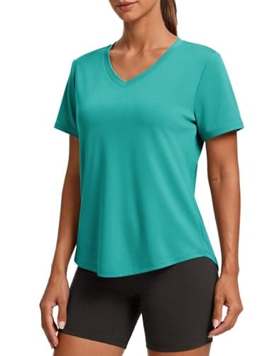 PINSPARK Moisture Wicking Shirts for Women Short Sleeve V Neck Quick Dry Workout Tops Athletic Gym Running T-Shirts Cooling,Teal X-Large - Image 1