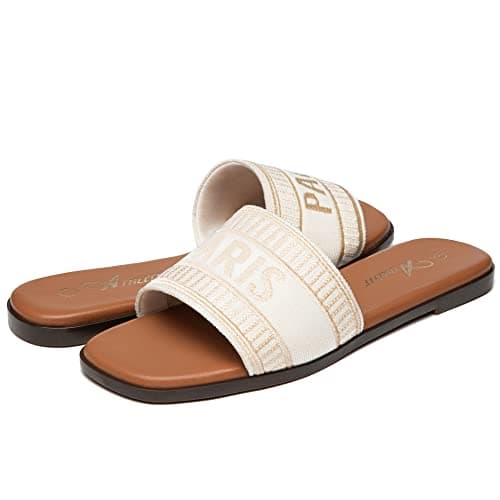 Athlefit Women's Slides Summer Fashion Slip On Flat Sandals Dressy Beige Size 8 - Thumbnail 6