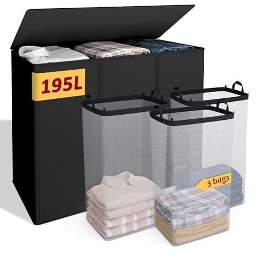 195L Laundry Hamper 3 Section,Large Laundry Hamper with Lid,Dirty Clothes Hamper with 3 Inner Bags,Collapsible Laundry Basket Organizer for Laundry Room,Bedroom,Laundry Sorter Hamper 3 Compartment - Image 1
