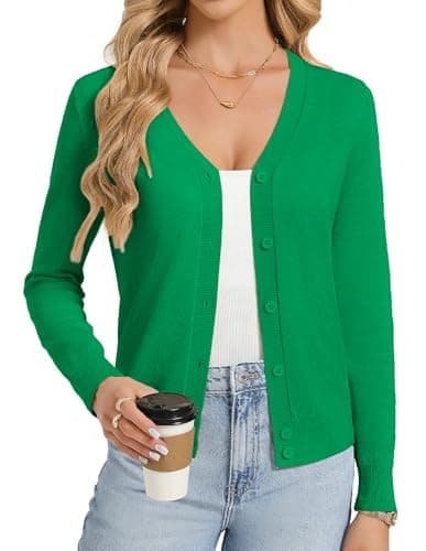 GRACE KARIN Womens Green Cardigan Sweaters Lightweight Button Up V-Neck Summer Cardigans Knit Shrug Trendy Outfits L - Image 1