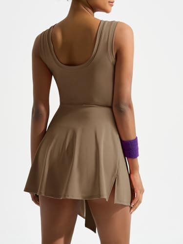 Dokuritu Womens High Neck Tennis Dress Sleeveless Wrap Skirt Built in Shorts Golf Athletic Dress Workout Rompers Brown - Thumbnail 2