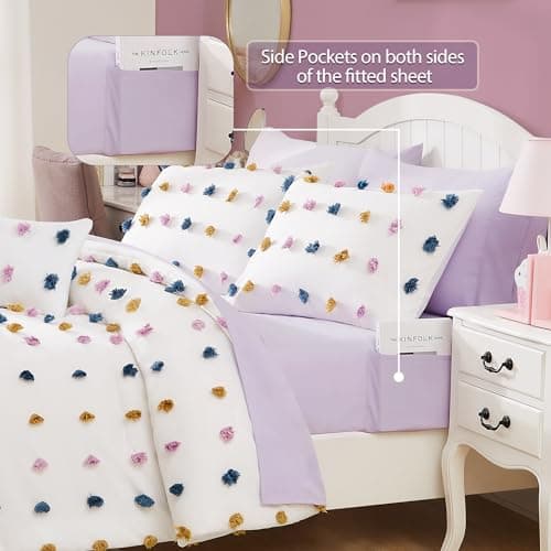Geniospin Colored Pom Queen Comforter Set, 8 Pieces Ball Pom Comforter Sets, Bed in a Bag Queen, All Season Down Alternative Bedding Set, Lightweight, Warm and Breathable - Thumbnail 4