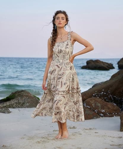 Women's 2026 Summer Floral Boho Dress Square Neck Easter Casual Sundress Apricot M - Thumbnail 3