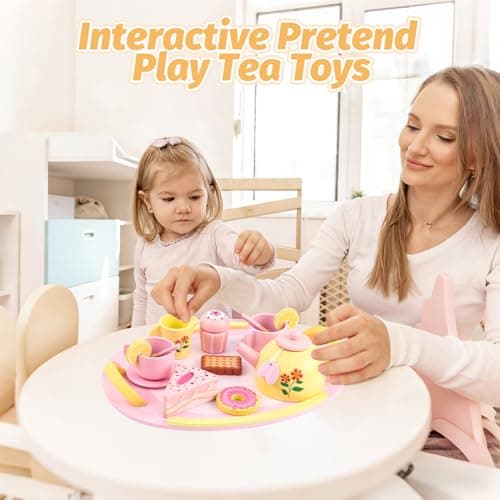 Tea Party Set Wooden Tea Sets for Toddlers 3-5 Play Food Pretend Play Toys Kids Tea Set for Girls 6-8 Birthday Gift Wooden Tea Party Set for Little Girls 3 4 5 6 Years Old Outdoor Tea Time Game - Thumbnail 6