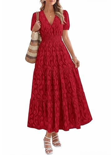 KIRUNDO Summer Dresses for Women 2026 Boho Flowy Casual Short Sleeve V Neck Elastic Waist Floral Long Baby Shower Maxi Dress(Red, XX-Large) - Image 1