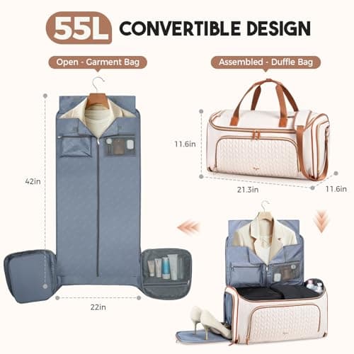 Tonyeee Garment Duffle Bags for Travel, 4ni1 Hanging Weekender Bag for Women, Convertible Carry on Garment Bag, Travel Garment Duffle Bag with Shoulder Strap, Apricot & Brown - Thumbnail 3