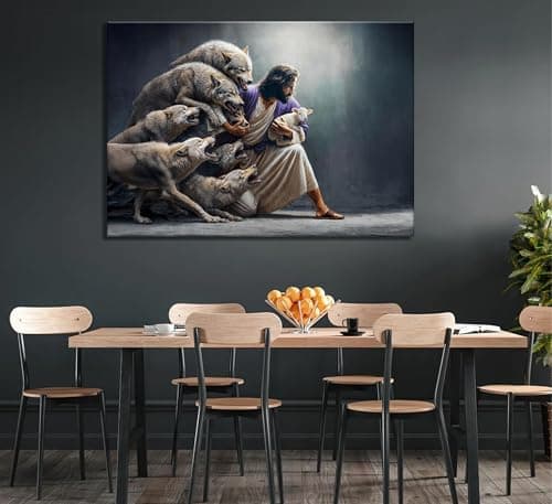 Jesus and Sheep Canvas Wall Art Christian Jesus Saves and Protects Lost Sheep Painting Picture Wall Decor Poster Print Artwork Bedroom Living Room Office Home Decoration - Thumbnail 3