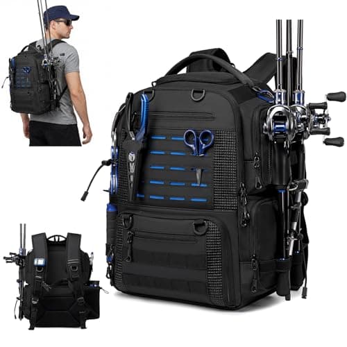 oinitiry Fishing Tackle Backpack with 2 Rod Holders, Multi-Pocket Tactical Bag with Bottle Holder, 50L Large Storage Bag for Fishing Gear and Equipment, Black