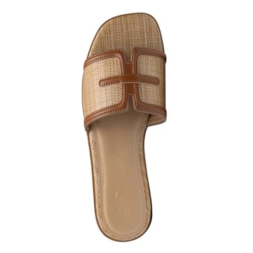 Athlefit Brown Flat Sandals for Women Raffia Comfortable Square Open Toe Slip On Beach Casual Slide Sandals Size 6.5 - Thumbnail 4