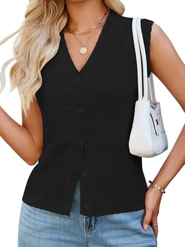 Bellcoco Womens Sleeveless V Neck Sweater Vest Crochet Knit Summer Tops Button Down Spring Cardigan Casual Outfits 2026 Black XL - Image 1