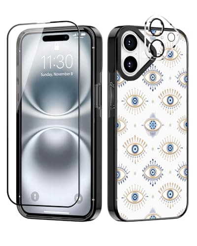 Sholbrak [3 in 1 Designed for iPhone 16 Case Cute Evil Eye Pattern Protective Phone Case Cover 6.1" Screen Protector + Camera Lens Protector【2X Military Grade Drop Tested / 6.6ft Drop Protection】