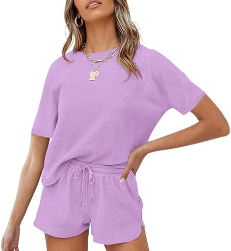 MEROKEETY Women's Short Sleeve Waffle Pajama Sets Lounge Top and Shorts 2 Piece Tracksuit Outfits, Purple, S - Image 1