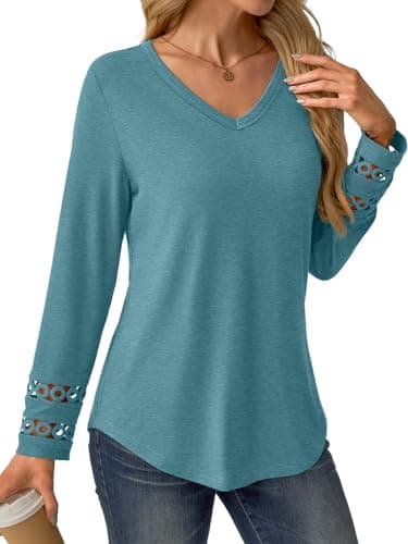 GKBK Women’s Long Sleeve V Neck Tunic Top Casual Dressy Blouse Business Loose Fit Trendy 2025 Fall Outfits Cyan XXL - Thumbnail 3