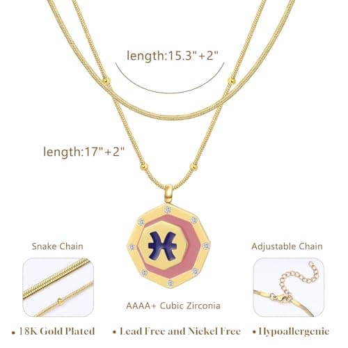 LETFLY Pisces Zodiac Necklace for Women, 18K Gold Plated Octagon Shaped Pendant with Cubic Zirconia Adjustable Layered Snake Chain for Womens Jewelry Gifts - Thumbnail 4