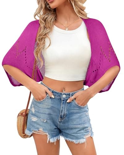 BB&KK Women's Crochet Cardigan Kimono Boho Short Sleeve Lightweight Soft Open Front Knitted Bolero Shrugs M Purple - Image 1