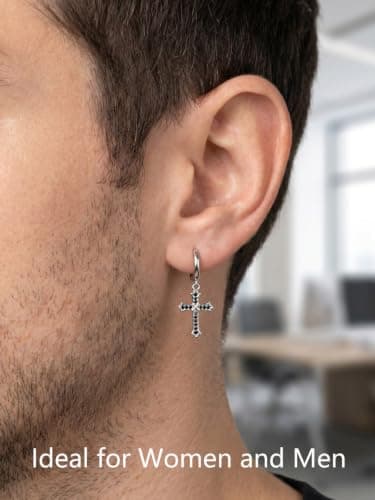 Silver Cross Earrings for Women Men - YOLYMODA Trendy Dainty Small Silver and Black Dangle Cross Hoop Earrings with CZ Charm, Chic Faith 925 Sterling Silver Post Religious Dangling Huggie Hoops - 1.16" Long - Thumbnail 4