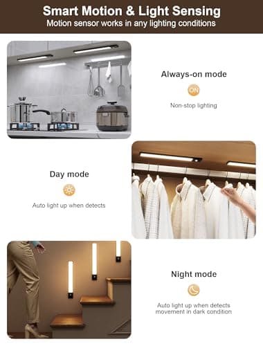 Tnight 8inch Under Cabinet Lighting,56 LED -3 Color& 7 Levels Under Cabinet Lighting Rechargeable,3000mah Dimmable Magnetic Cabinet Lights, Punch-Free smart Sensor Magnetic Rechargeable led Lights - Thumbnail 6