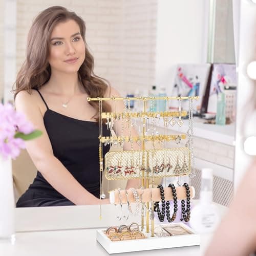 Dntorx 3 Tier Jewelry Stand Holder Organizer, Jewelry Holder Storage Display T Bar Beige Velvet Bracelet Holder Jewelry Tower for Necklace, Earrings, Bracelet, Rings, Watches - Thumbnail 4