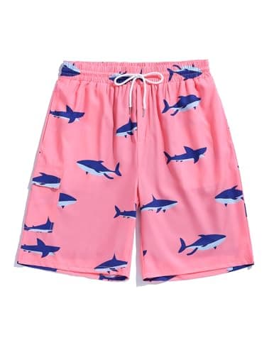 ZAFUL Mens Swim Trunks with Compression Liner Stretch Beach Shorts Quick Dry with Pockets Board Shorts Pink-Blue Shark XL - Thumbnail 2