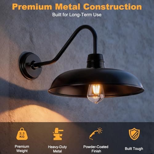 FILIYANO Outdoor Gooseneck Barn Light Fixture, 12 Inch 2-Pack Farmhouse Lights for House, Industrial Black Waterproof Lantern with E26 Base for Front Door Patio Porch - Thumbnail 4