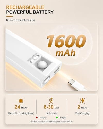10inch Under Cabinet Lighting, 68 LED Rechargeable Motion Sensor Light Indoor, 6 Levels Dimmable Magnetic Closet Lights, Wireless Under Counter Lights for Kitchen, Stairs, Bedroom, 2-Pack Daylight - Thumbnail 5