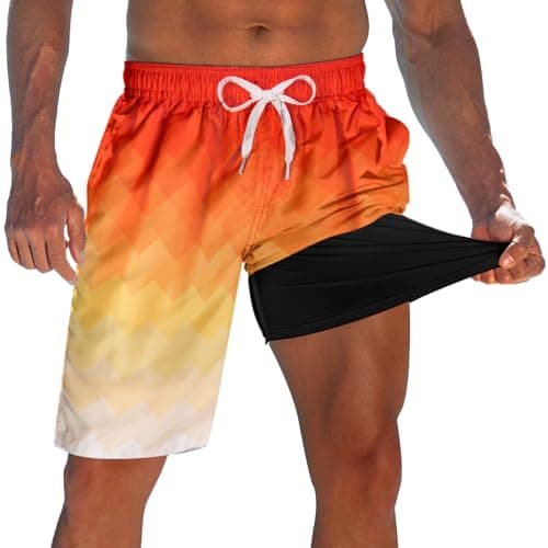 Men's Board Shorts with Compression Liner Stretch Orange Swimming Trunks for Mens Novelty 9" Beach Shorts Brief Liner Quick Dry Man Hawaiian Swim Suits Summer Swimwear L - Image 1