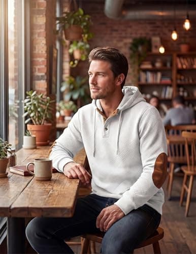 JMIERR Hoodies for men Casual Cotton Textured Long Sleeve Quarter Collar Drawstring Button Early Fall Fashion Pullover Hooded Fall Sweatshirts, S, White - Thumbnail 4
