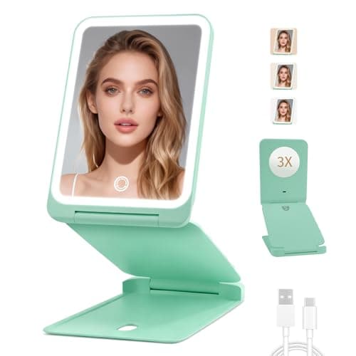INFOOD Travel Makeup Mirror - Rechargeable LED Vanity Mirror 7.8x5 Inches with 1X/3X Magnifying, 3 Color Dimmable Light, Touch Screen, Foldable Design with Stand, Portable for Travel, Mint Green