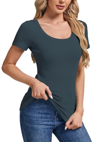 C.O.Z.Y Womens Short Sleeve Scoop Neck Tops Ribbed Knit Basic Tee Casual Summer Fitted Shirts Trendy Outfits Blue - Thumbnail 3