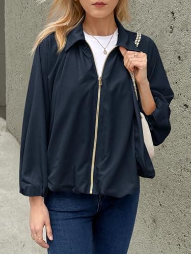 Tankaneo Womens Bomber Jackets Oversized Batwing Sleeve Zip Up Puffed Jacket Lapel Collar Pleated Outerwear - Thumbnail 5