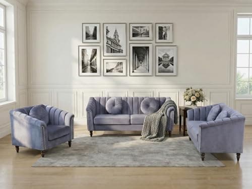 FUOROLA Chesterfield Velvet Sofa Set, Button Tufted Velvet Sofa Living Room Couch with Nailhead Trim, 3 Piece Living Room Furniture Set (Grey) - Thumbnail 2
