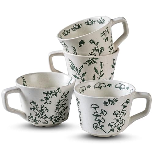 Noevany Ceramic Mugs 11 oz Set of 4, Unique Luxurious Stoneware Cups for Coffee Milk Latte Cappuccino Tea, Office Home Kitchen Use, Dishwasher Microwave Freezer Safe, Mixed Green