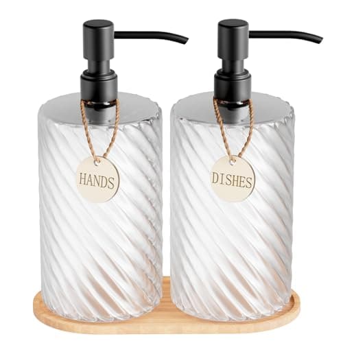 18Oz Spiral Stripe Soap Dispenser Set - Black Stainless Steel Pump with Wood Tray, Refillable for Kitchen Sink & Bathroom Vanity, Dish Liquid & Hand Soap Storage Solution - Image 1