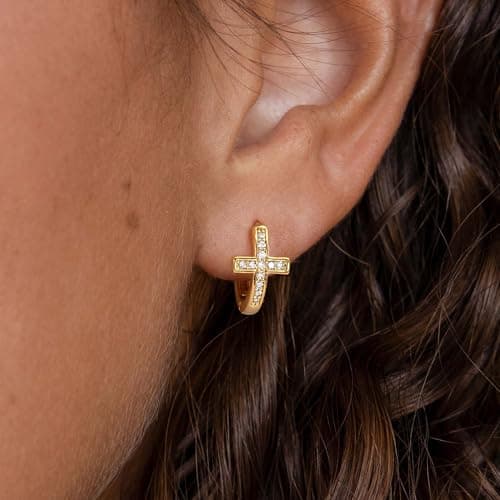 LOYATA Gold Cross Earrings for Women-14K Gold Plated Small Hoop Huggie Earrings Dainty Trendy CZ Cross Hoop Earring Cute Hypoallergenic Hoops Jewelry Gifts for Women Mothers Day Gifts for Mom - Thumbnail 2